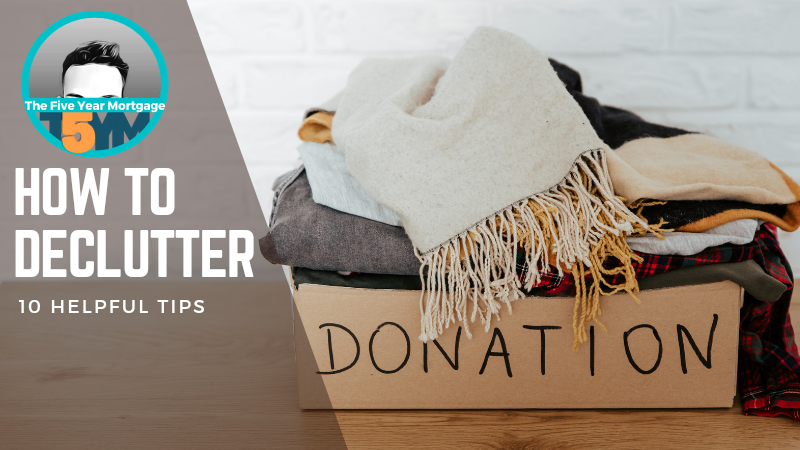 How to Declutter header showing a box of clothes for donation